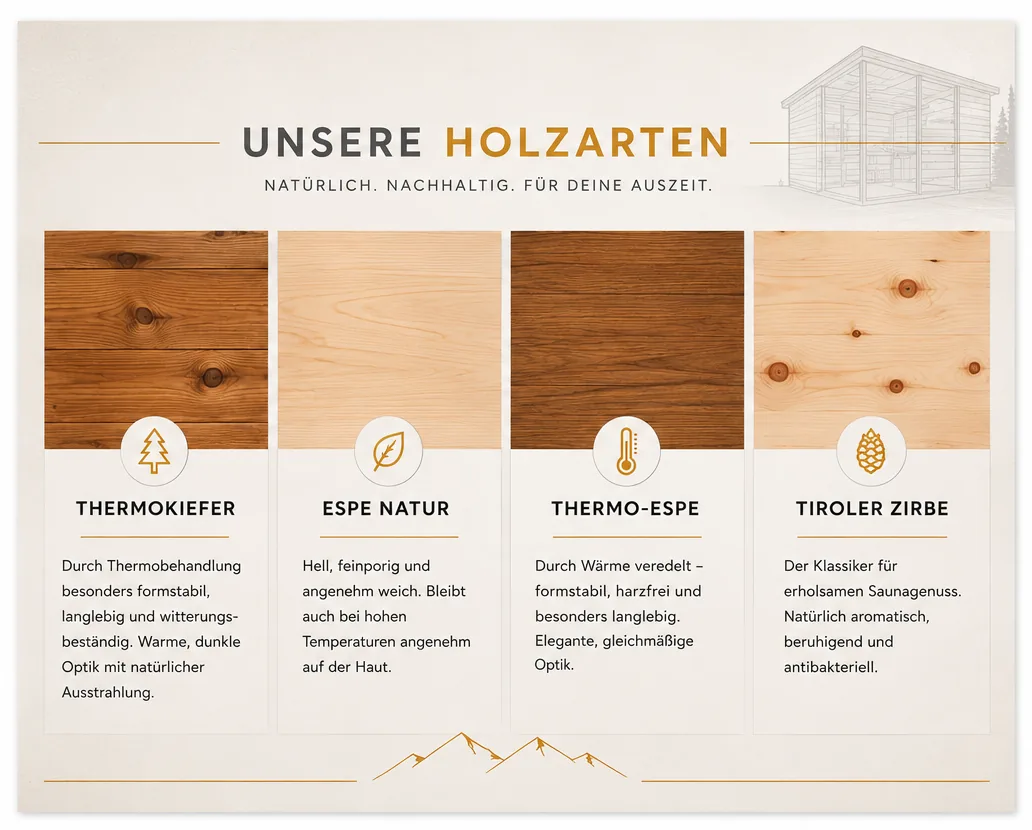 Materialwelt – Saunaholz Übersicht (Zirbe, Lärche, Thermoholz, Fichte)