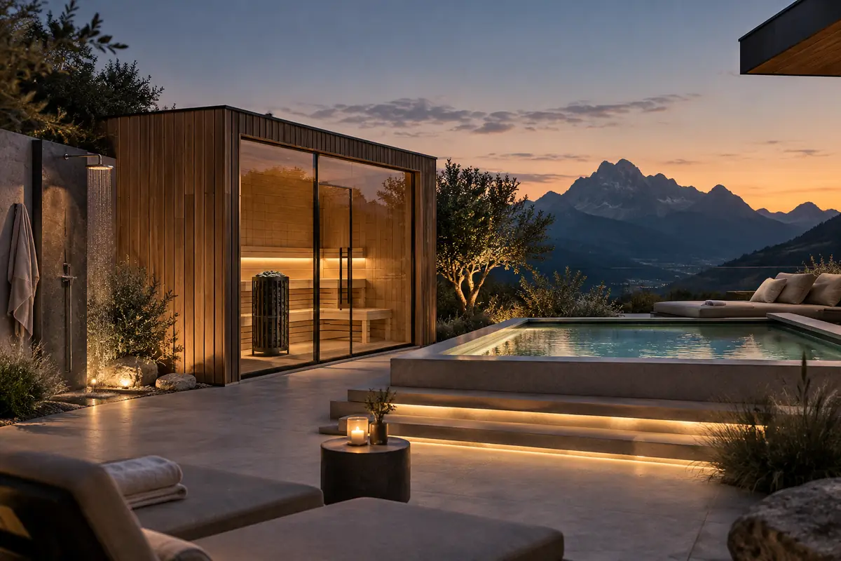 Private Spa mit Sauna, Pool, Außendusche und Ruhebereich vor Bergpanorama
